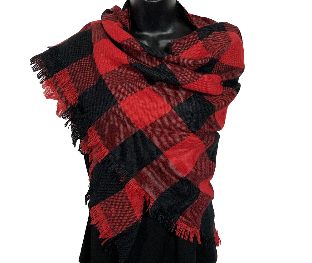 Vintage Buffalo Plaid Scarf Triangle, Red and Black Large Fringed, 70" across
